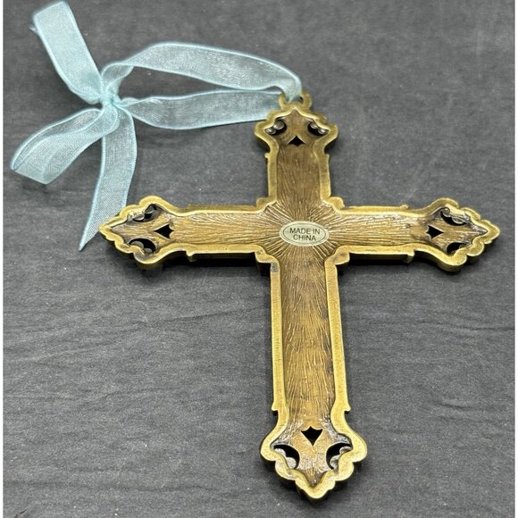 Enameled Metal Cross Ornament Rhinestone Ribbon Antiqued Christmas Holiday Decor - Picture 3 of 5